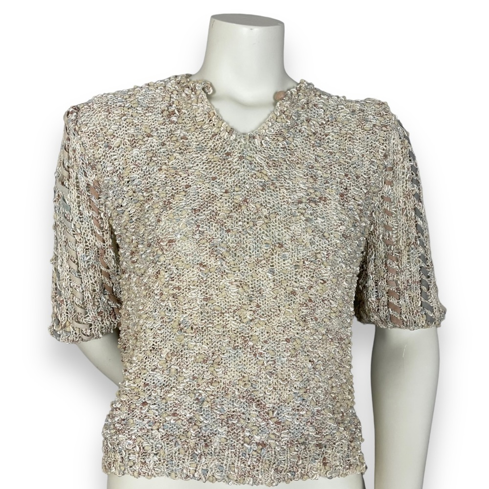 Vintage‎ Gemelli Sweater Neutral Colors Faux Leather Textured Knit Women Retro